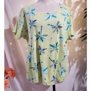 Lulu-B Sequin Beaded Embellished Palm Tree Short Sleeve Top Womens Plus Size 1X